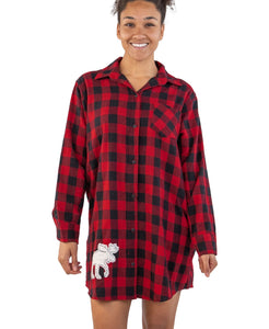 Flannel Plaid Moose Button Night Shirt